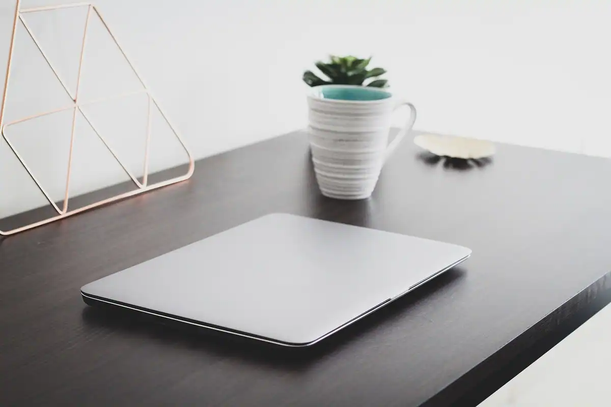 Laptop închis pe un birou ordonat, cu o cană și o plantă mică