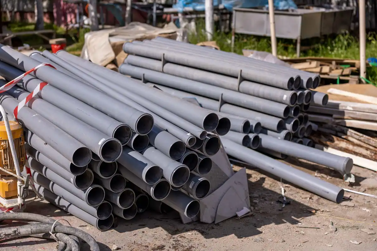 Țevi cenușii de plastic stivuite pe un șantier, pregătite pentru montaj